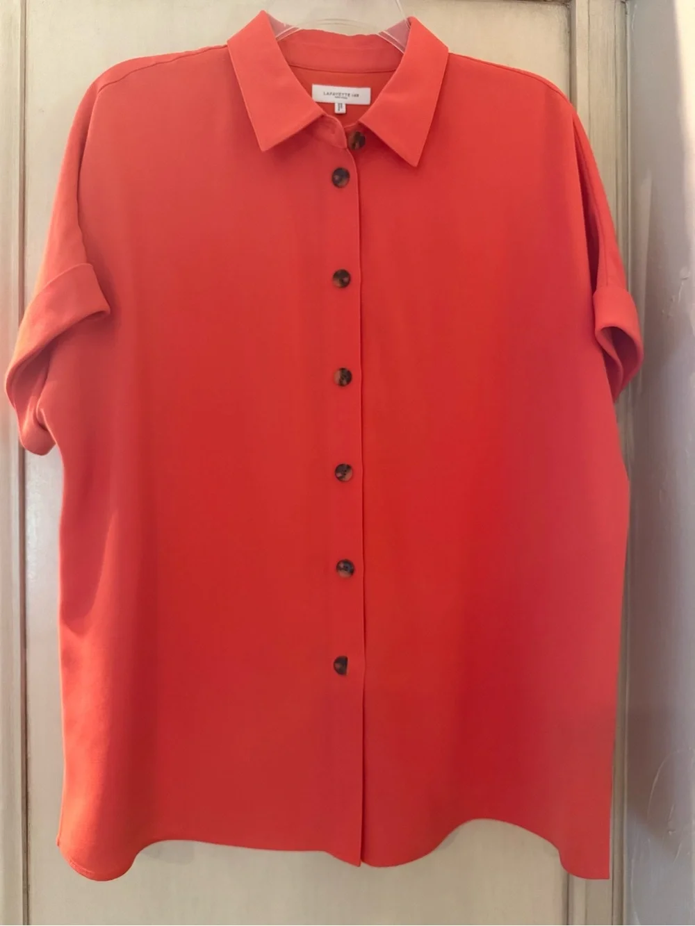 Lafayette 148 New York Bright Coral Button-Down Shirt - Picture 2 of 8
